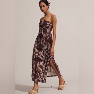 ✨ Anthropologie Strapless Linen Plunge-Neck Midi Dress Sz 16P